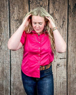 Celeste Puff Sleeve Studded Pearl Snap Shirt in Pink by Lucky and Blessed – Apparel from Bronco Western Supply Co.
