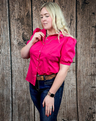 Celeste Puff Sleeve Studded Pearl Snap Shirt in Pink by Lucky and Blessed – Apparel from Bronco Western Supply Co.