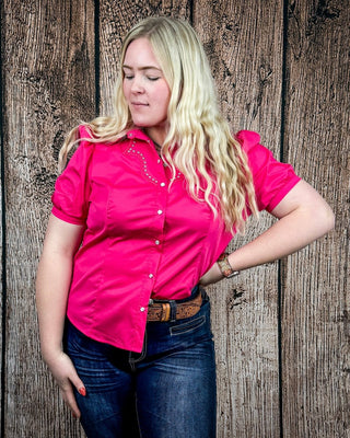 Celeste Puff Sleeve Studded Pearl Snap Shirt in Pink by Lucky and Blessed – Apparel from Bronco Western Supply Co.