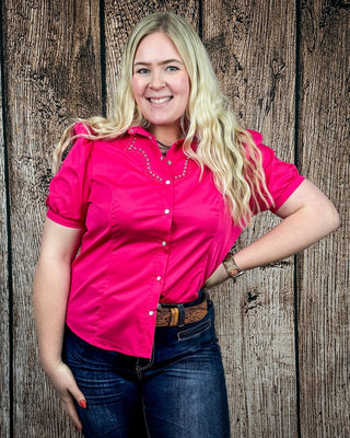 Celeste Puff Sleeve Studded Pearl Snap Shirt in Pink by Lucky and Blessed – Apparel from Bronco Western Supply Co.