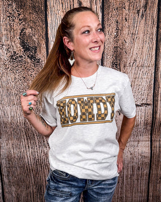 Checkered Howdy Graphic Tee - Oat – Shirts & Tops from Bronco Western Supply Co.