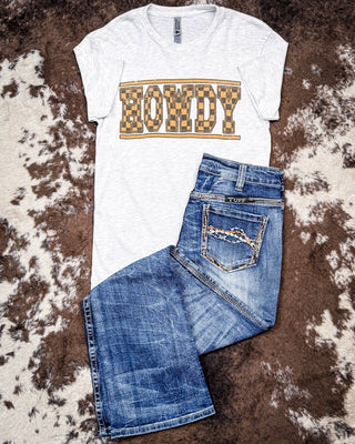 Checkered Howdy Graphic Tee - Oat – Shirts & Tops from Bronco Western Supply Co.