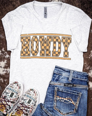 Checkered Howdy Graphic Tee - Oat - Shirts & Tops - The Way Down South - Bronco Western Supply Co.