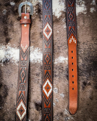 Choctaw Roughy Tooled/Laced Belt Brown/Ivory/Black Aztec – Apparel from Bronco Western Supply Co.