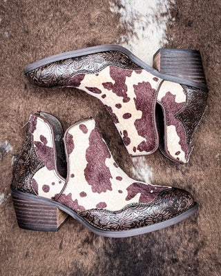 Christina Cow Print Bootie in Chocolate by Very G – Women's Shoes from Bronco Western Supply Co.