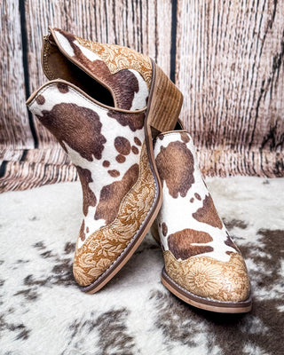 Christina Cow Print Bootie in Tan by Very G – Women's Shoes from Bronco Western Supply Co.