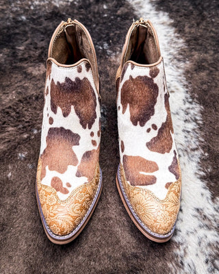 Christina Cow Print Bootie in Tan by Very G – Women's Shoes from Bronco Western Supply Co.