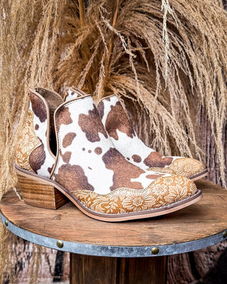 Christina Cow Print Bootie in Tan by Very G – Women's Shoes from Bronco Western Supply Co.