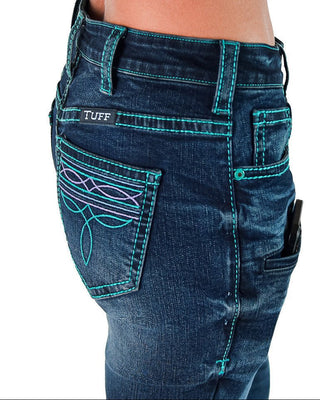 Close-up of the back waist and pockets of dark blue denim jeans worn by a model. The jeans feature bright turquoise contrast stitching, a decorative geometric embroidered patch on the back pocket, and a small 'TUFF' brand patch on the back waistband.