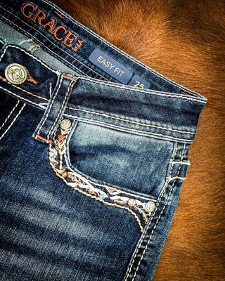 Copper Scroll Embroidered Bootcut Jeans in Dark Wash by Grace in LA – Apparel from Bronco Western Supply Co.