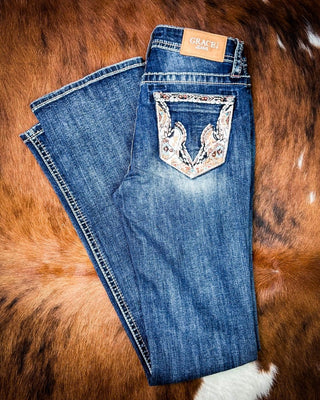 Copper Scroll Embroidered Bootcut Jeans in Dark Wash by Grace in LA – Apparel from Bronco Western Supply Co.