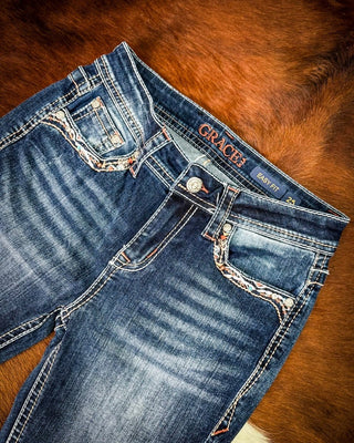 Copper Scroll Embroidered Bootcut Jeans in Dark Wash by Grace in LA – Apparel from Bronco Western Supply Co.