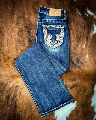 Copper Scroll Embroidered Bootcut Jeans in Dark Wash by Grace in LA – Apparel from Bronco Western Supply Co.