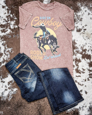 Cowboy Rodeo Show Boyfriend Tee in Mocha Mineral Wash – Apparel from Bronco Western Supply Co.