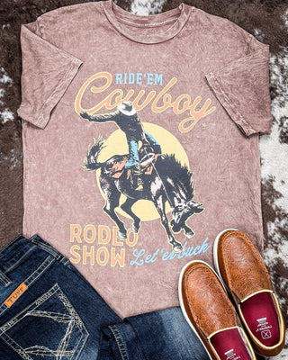 Cowboy Rodeo Show Boyfriend Tee in Mocha Mineral Wash – Apparel from Bronco Western Supply Co.