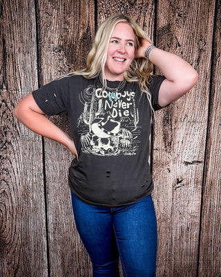 Cowboys Never Die Distressed Graphic Tee - Faded Black – Apparel from Bronco Western Supply Co.