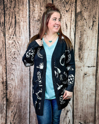 Cowgirl Collage Knit Cardigan in Black by Lucky & Blessed – Apparel from Bronco Western Supply Co.