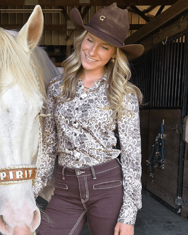 Cowgirl Tuff Brown and Cream Lace Pullover Button Up - Apparel - Cowgirl Tuff Company - Bronco Western Supply Co.