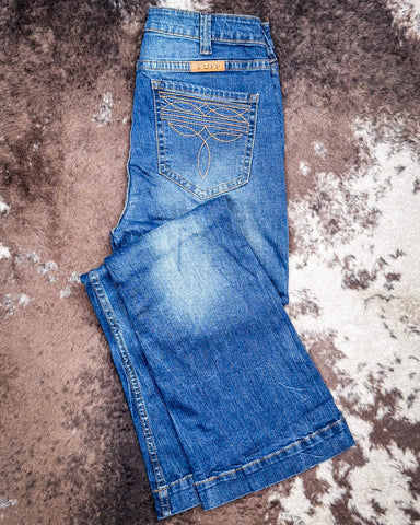 Cowgirl Tuff - Brown Western Boot Stitch High - Rise Trouser Jeans – Medium Wash with Faux Leather Detail - Apparel - Cowgirl Tuff Company - Bronco Western Supply Co.