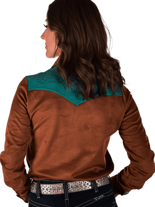 Cowgirl Tuff Buckle Run – Brown Stretch Suede Button Up with Boot Stitch Details – Apparel from Bronco Western Supply Co.