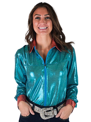 Cowgirl Tuff Canyon Lights Zip Top – Turquoise Metallic Long Sleeve – Apparel from Bronco Western Supply Co.