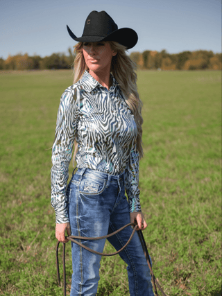 Cowgirl Tuff Chrome Rebel – Zebra Print Stretch Button Up with Colorful Foil – Apparel from Bronco Western Supply Co.
