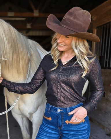 Cowgirl Tuff Cocoa Rodeo Royalty Pullover Button Up - Apparel - Cowgirl Tuff Company - Bronco Western Supply Co.