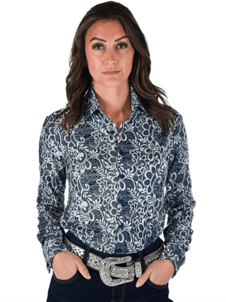 Cowgirl Tuff Dust and Grace – Navy and White Lace Print Button Up – Apparel from Bronco Western Supply Co.