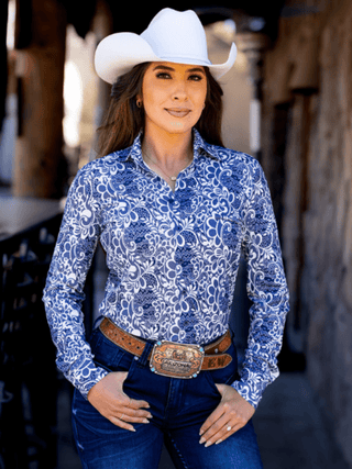 Cowgirl Tuff Dust and Grace – Navy and White Lace Print Button Up – Apparel from Bronco Western Supply Co.