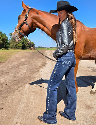 Cowgirl Tuff - Grand Entry Jeans – Crystal Studded Dark Wash Trouser Denim - Apparel - Cowgirl Tuff Company - Bronco Western Supply Co.