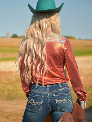 Cowgirl Tuff High Noon Shine Top – Rust Metallic Button Up with Paisley Detail – Apparel from Bronco Western Supply Co.