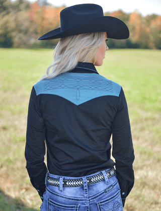 Cowgirl Tuff Midnight Dash – Black Stretch Suede Button Up with Boot Stitch Details – Apparel from Bronco Western Supply Co.