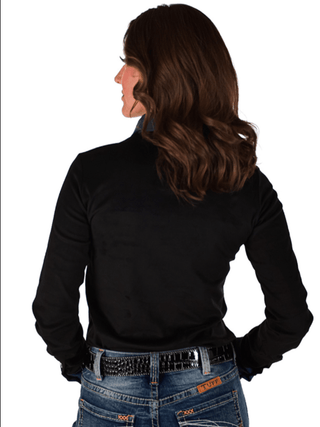Cowgirl Tuff Nightfall Rodeo – Black Stretch Suede Button Up with Embroidery – Apparel from Bronco Western Supply Co.