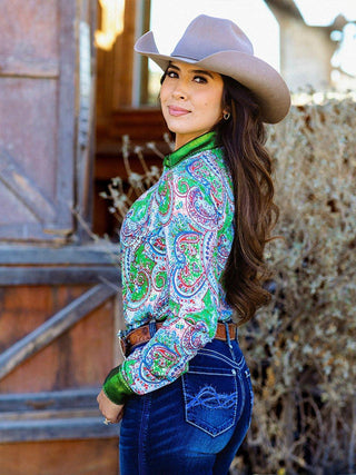 Cowgirl Tuff Paisley Penelope Pullover Button Up Paisley With Green Metallic Accents – Apparel from Bronco Western Supply Co.