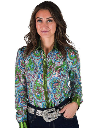 Cowgirl Tuff Paisley Penelope Pullover Button Up Paisley With Green Metallic Accents – Apparel from Bronco Western Supply Co.