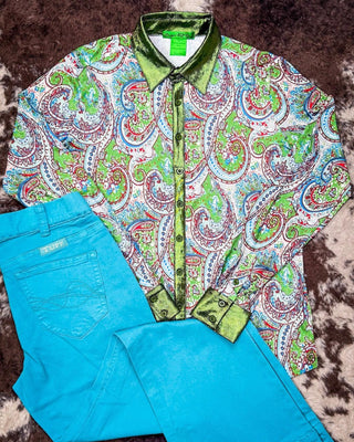 Cowgirl Tuff Paisley Penelope Pullover Button Up Paisley With Green Metallic Accents – Apparel from Bronco Western Supply Co.