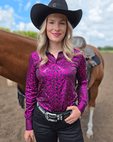 Cowgirl Tuff Pink and Black Starlight Shatter Pullover Button Up - Apparel - Cowgirl Tuff Company - Bronco Western Supply Co.