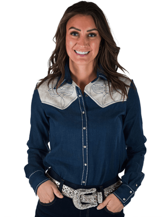 Cowgirl Tuff Prescott Pearl Snap – Denim Button Up with Boot Stitch Embroidery – Apparel from Bronco Western Supply Co.