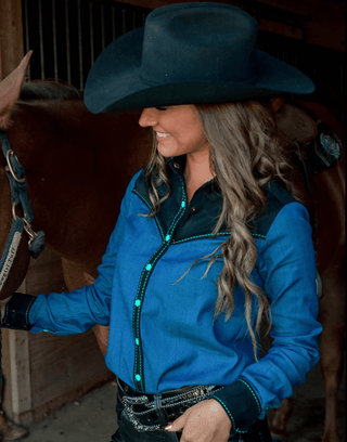 Cowgirl Tuff Ranch Ready Pullover Button Up with Black Suede – Apparel from Bronco Western Supply Co.