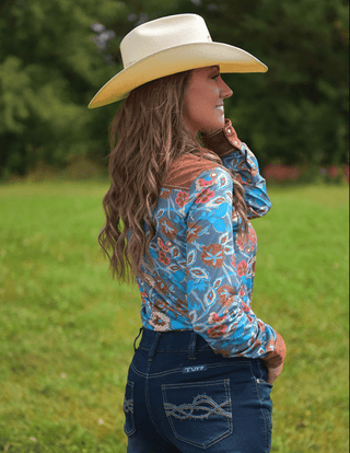 Cowgirl Tuff Ranch Ready Pullover Button Up with Brown Suede – Apparel from Bronco Western Supply Co.