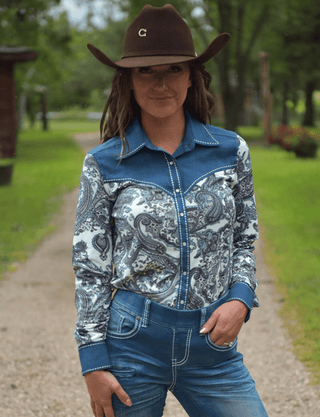 Cowgirl Tuff Ranch Ready Pullover Button Up with Denim – Apparel from Bronco Western Supply Co.