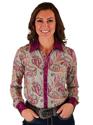 Cowgirl Tuff Rodeo Pop Top – Paisley Stretch Button Up with Pink Foil Accents – Apparel from Bronco Western Supply Co.