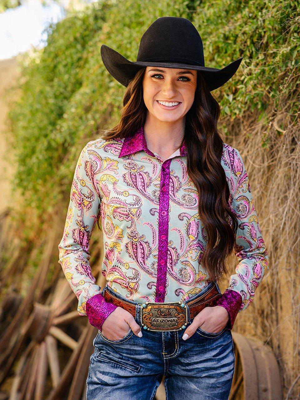 Rodeo Pop Top – Paisley Stretch Button Up with Pink Foil Accents ...