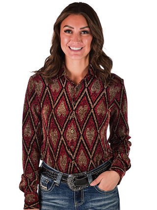 Cowgirl Tuff Royale Top – Red Shimmer Diamond Print Button Up – Apparel from Bronco Western Supply Co.
