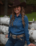 Cowgirl Tuff Saddle Stitch Pullover Button Up In Denim - Apparel - Cowgirl Tuff Company - Bronco Western Supply Co.