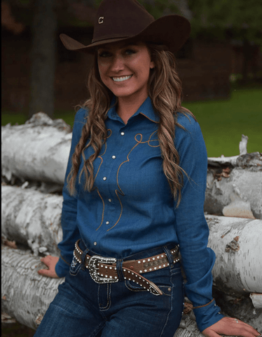 Cowgirl Tuff Saddle Stitch Pullover Button Up In Denim - Apparel - Cowgirl Tuff Company - Bronco Western Supply Co.