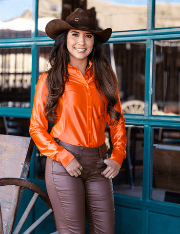 Cowgirl Tuff Satin Hustle Pullover Button Up in Orange - Apparel - Cowgirl Tuff Company - Bronco Western Supply Co.