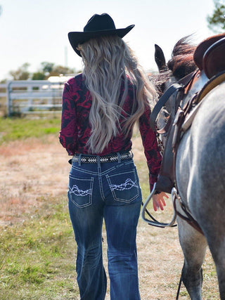 Cowgirl Tuff Scarlet Saddle Top – Black Button Up with Red Paisley Print – Apparel from Bronco Western Supply Co.