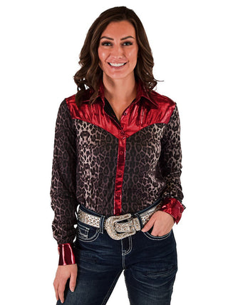 Cowgirl Tuff Wildfire Top – Leopard Print Button Up with Red Satin Trim – Apparel from Bronco Western Supply Co.