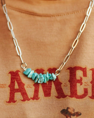 Necklace with turquoise stones on a brown fabric background with red text
